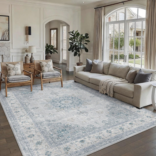 PureCozy 8x10 Blue Area Rug Vintage Washable Living Room Carpet Non Slip Bedroom Indoor Office Low Pile Oriental Traditional Distressed Retro Accent Rug for Dining Room Bathroom Office Kitchen Dorm