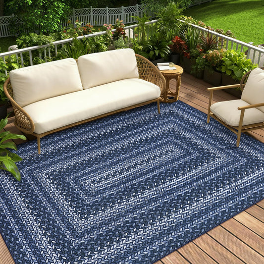 Braided 5x7 Rugs for Living Room Washable Easy Jute Outdoor Patio Rug Non Slip Stain Resistant Modern Bordered Bedroom Throw Carpet Indoor Outdoor Low Pile Area Rugs for Porch Kitchen, Slate/Blue