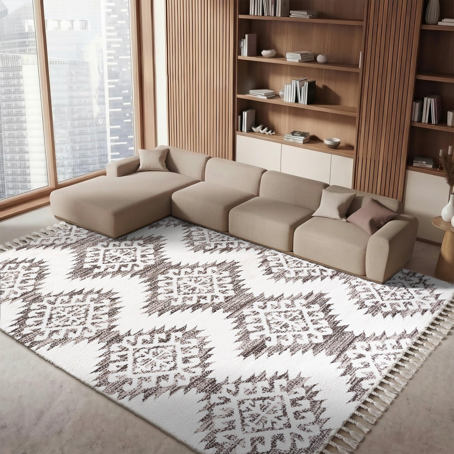 SAFAVIEH Moroccan Tassel Shag Collection Area Rug - 9' x 12', Ivory & Brown, Boho Design, Non-Shedding & Easy Care, 2-inch Thick Ideal for High Traffic Areas in Living Room, Bedroom (MTS652A)