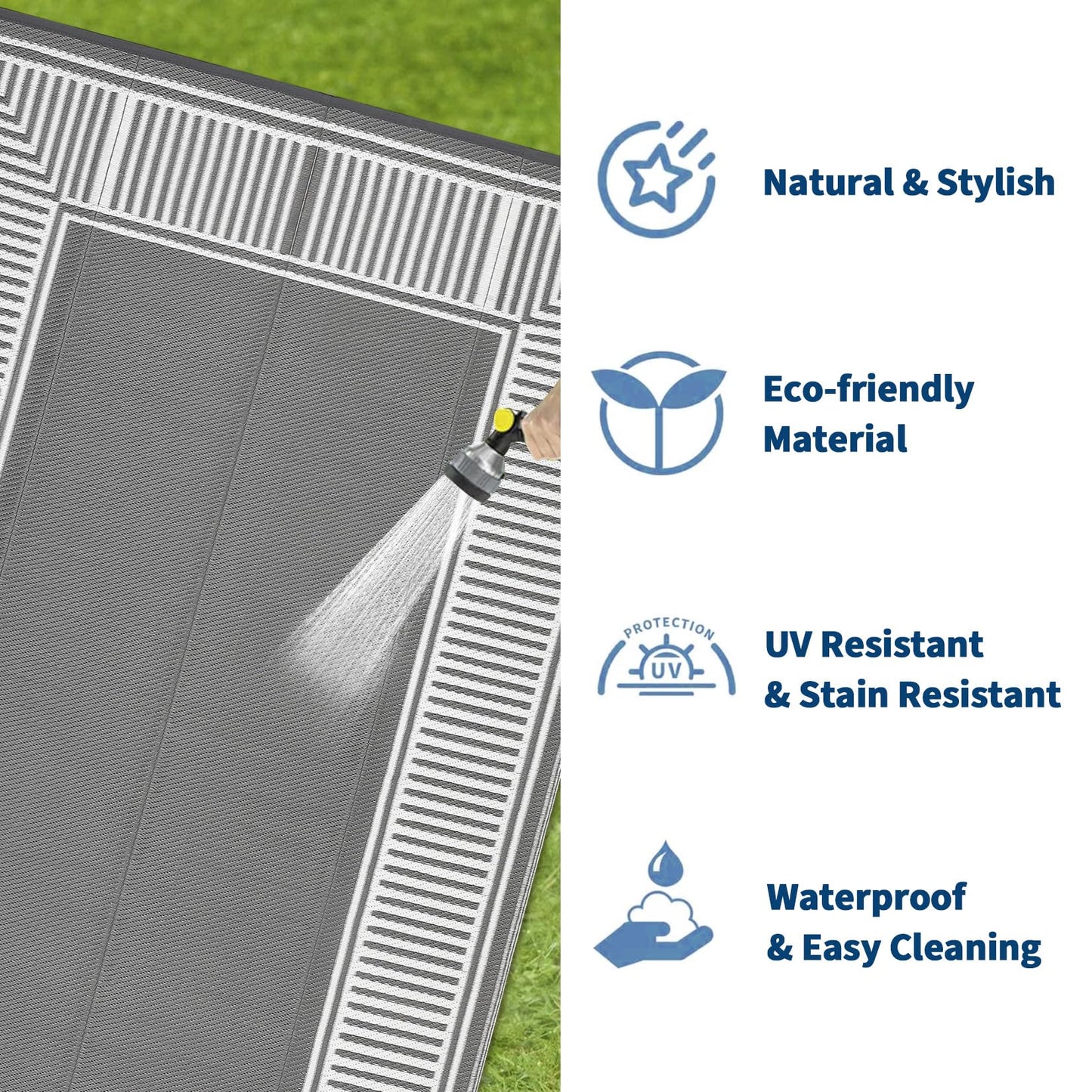 GAOMON Waterproof Outdoor Rug for Patios 9x12 Reversible Plastic Straw Area Rug, Indoor Outdoor Large RV Camping Carpet Mat for Picnic, Backyard, Deck, Balcony, Porch, Beach,Border-Grey