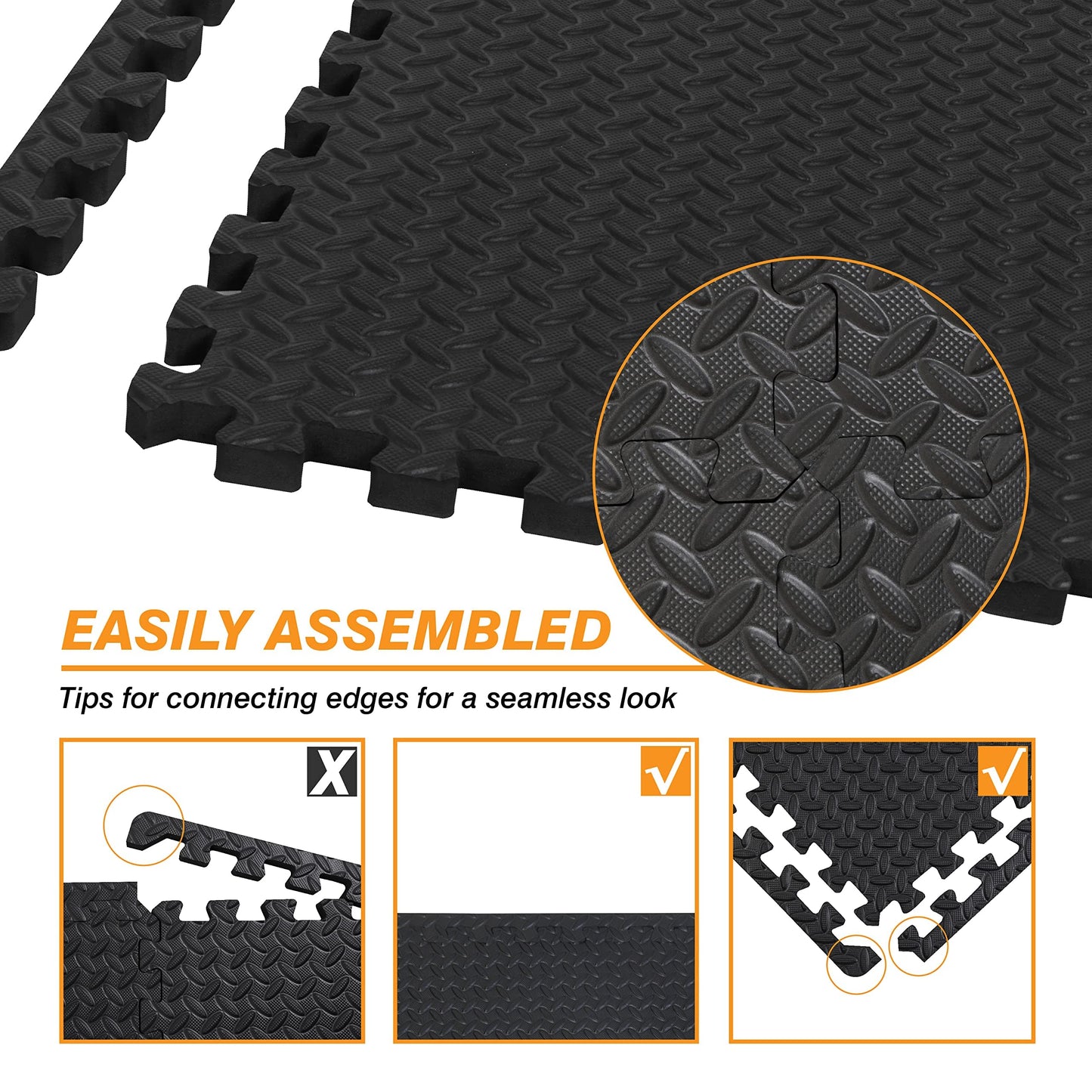 Mat Block EVA Exercise Floor Mats: Interlocking Foam Tile Performance Mats - 6 Tiles (Area: 24 SQ FT) 1/2 inch Thickness, EVA Home Gym Exercise Floor Mats for All Exercises or Equipment, Black