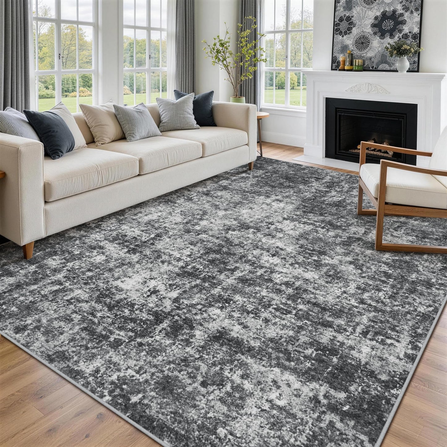 8x10 Area Rugs for Living Room Rug Washable: Abstract Large Rug for Dining Room Bedroom Carpet Non Slip 8 by 10 Indoor Modern Nursery Home Office Black Grey