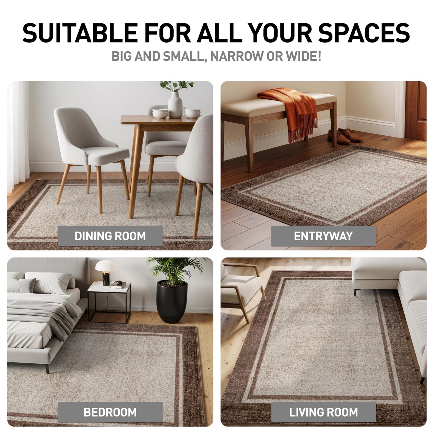 Rugshop Modern Transitional Bordered Indoor Area Rug for Living Room,Bedroom,Kitchen Rug Low Pile Rug with Jute Backing 5' x 7' Beige