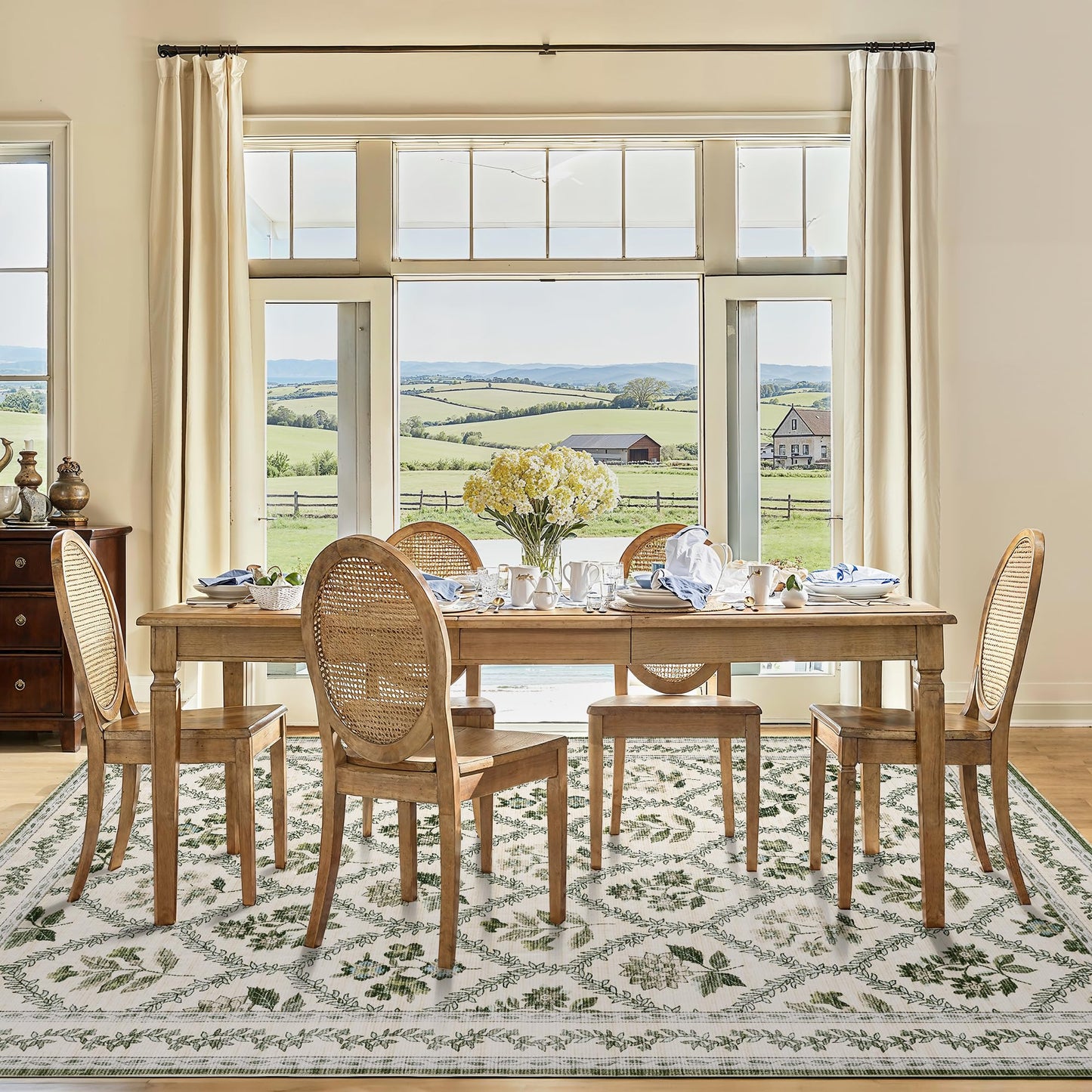 Green Floral Living Room Rug 5x8 Olive Green and Beige Area Rug Washable Bedroom, Low-Pile Soft Dining Room Farmhouse Boho Cottage Aesthetic Vintage Floor Covering Print Playroom Carpet