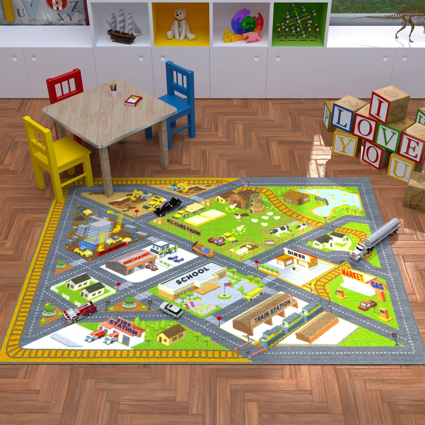 KC Cubs 3x5 Country Farm Construction Car Road Street Rug – Educational Carpet Play Mat for Kids, Toddlers, Nursery, Classroom, Playroom, Baby Daycare