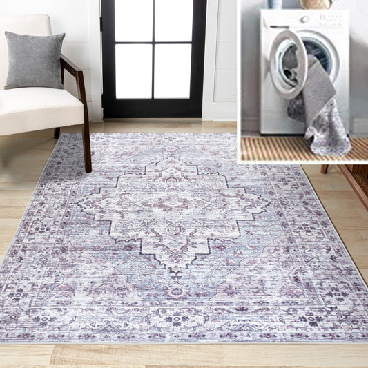 JONATHAN Y Machine Washable Gray/Purple Indoor Area Rug 4X6 ft, Didim Boho Medallion for Living Room, Bedroom, Kitchen, Office, Easy-Cleaning, High Traffic, Pet-Friendly, Non-Shedding (WSH102A-4)