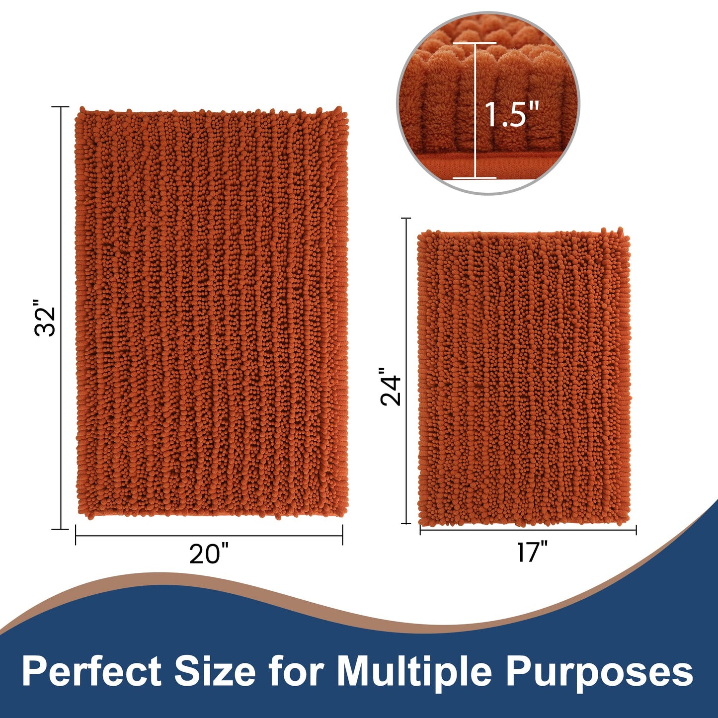 FLOLEOPA Luxury Chenille Burnt Orange Bathroom Rugs Bath Mats Sets, Extra Soft and Absorbent Bathroom Rugs Non Skid Machine Wash Dry Bath Mats（32"x20" Plus 17"x24"）