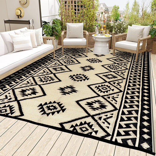 LILIOFFIC Outdoor Rugs - Outdoor Rug 8x10 Patio Rug Plastic Straw Rug Clearance Waterproof, Large Outdoor Area Rug Carpet for Outside, RV, Deck, Picnic, Beach, Camping, Black & Beige