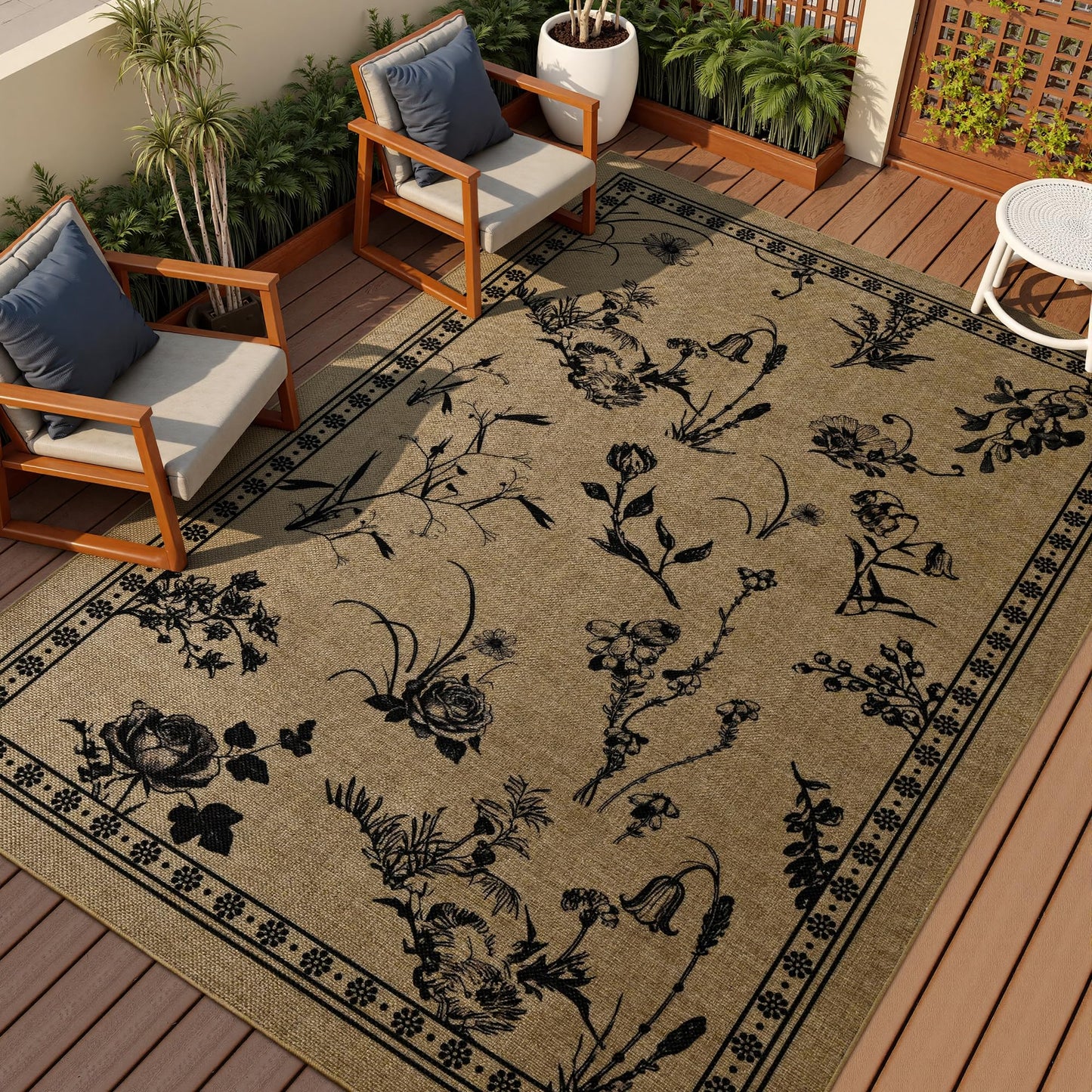 FALARK Easy Jute 4x6 Outdoor Patio Rug, Washable Rugs for Entryway Indoor Living Room Carpet, Farmhouse Neutral Non Slip Thin Beige Botanical Sketch Door Carpet for Backyard Bedroom Kitchen