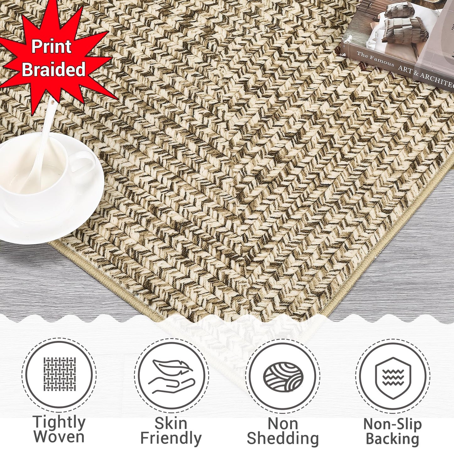 ROYHOME Washable Area Rug 5x7 Print Braided Machine Washable Rug Solid Printed Textured Carpet Stain Resistant Non-Slip Farmhouse Floor Cover for Living Room Dining Bedroom Decor, Linen