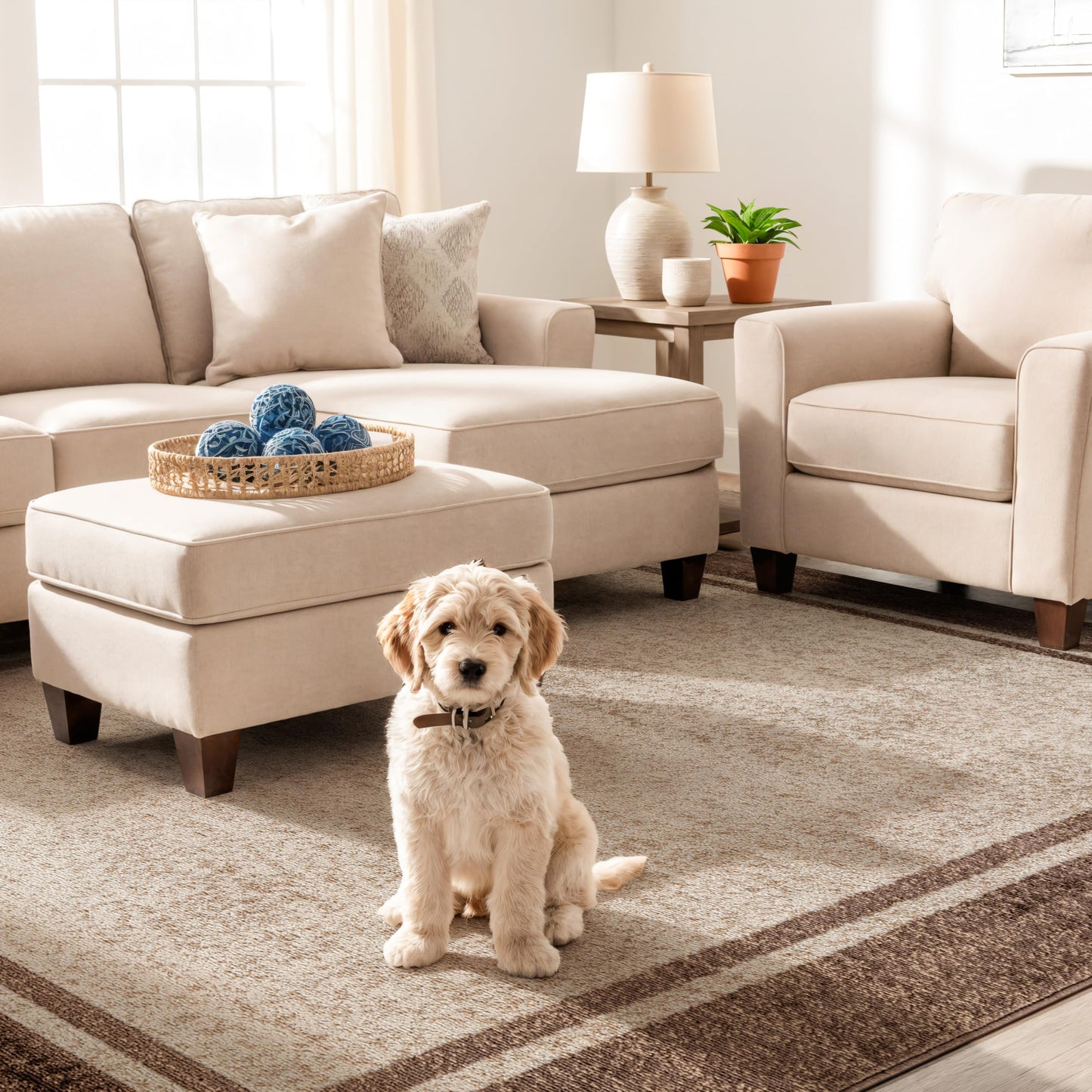 Rugshop Modern Transitional Bordered Indoor Area Rug for Living Room,Bedroom,Kitchen Rug Low Pile Rug with Jute Backing 5' x 7' Beige