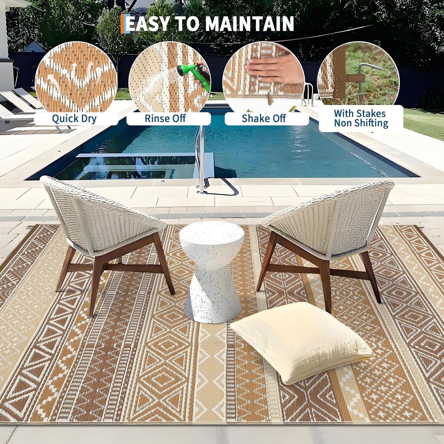 Garvee Outdoor Rug 9x18 Waterproo Large Outdoor Camping Rug Reversible Rv Patio Mats Black Gray Outdoor Plastic Straw Outdoor Rugs Clean Easily Large Patio Mat for RV, Deck, Camping,Brown/Tan