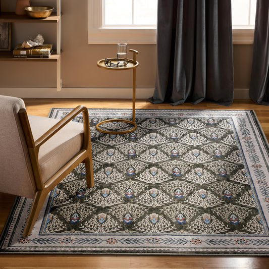 EVERWASH Haven Geo Border Machine Washable Area Rug with Airflo Technology for Easy Clean, Ultra-Soft Pile, Built-in Rug Pad with Non-Slip Backing, Pet, Family & Allergy Friendly Rug, Brown, 8'x10'
