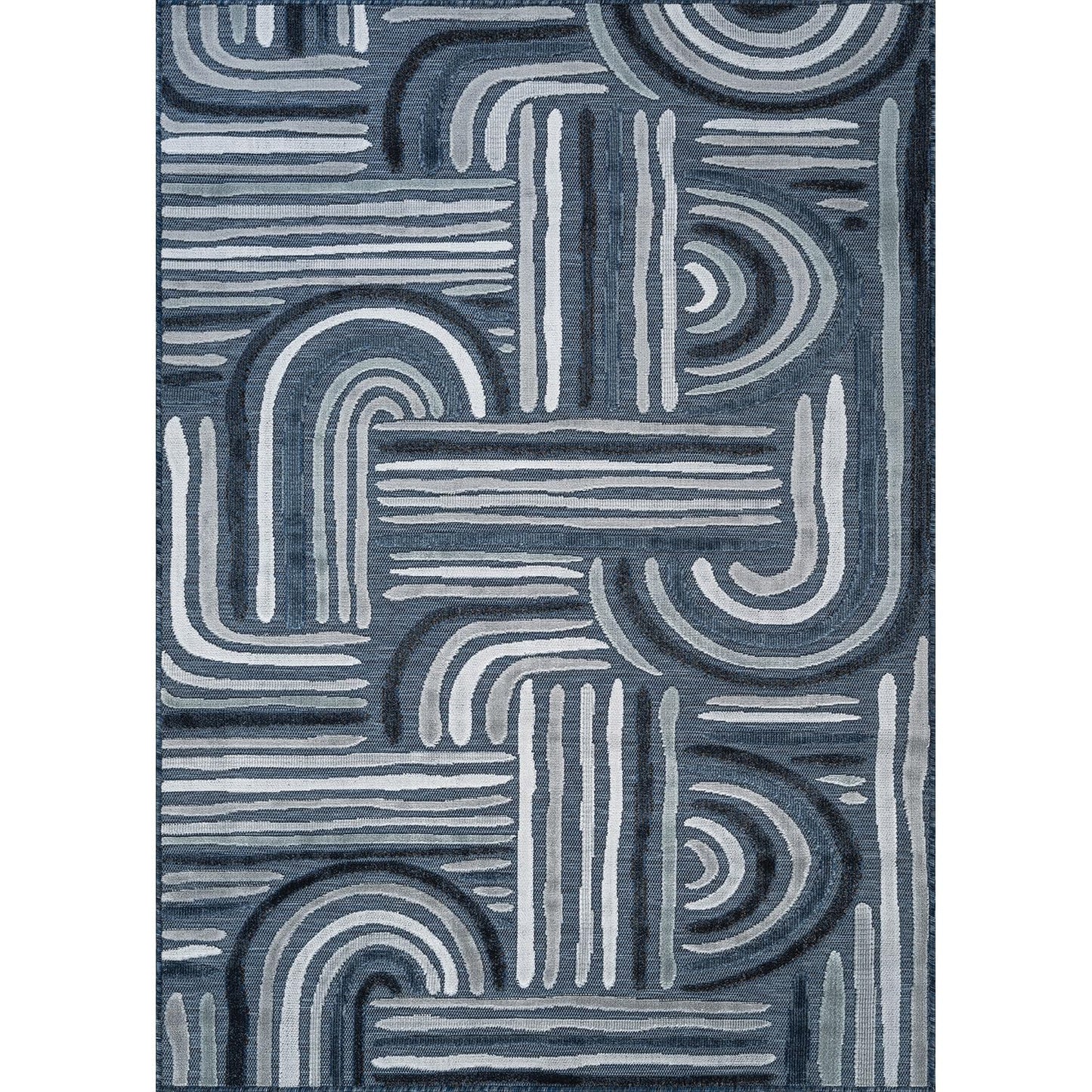 CAMILSON Indoor Outdoor Rug, Navy Blue 8x10 Geometric Arch Striped Area Rugs for Patio and Home Areas, Easy-Cleaning Non-Shedding Living Room, Garden and Deck Washable Outside Carpet (8 x 10)