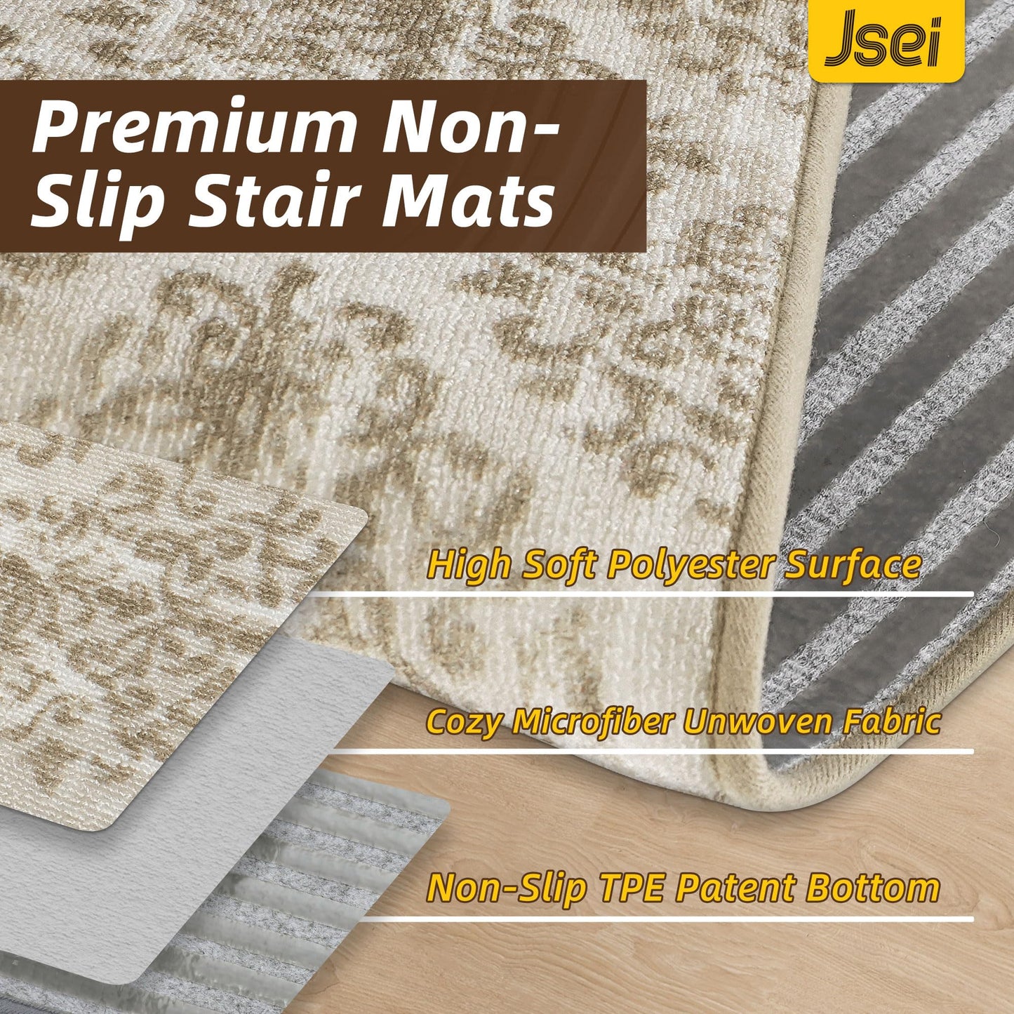 JSEI Stair Treads for Wooden Steps, 15 Pack 8" X 30" Non-Slip Machine Washable Carpet Stair Treads with TPE Backing, Indoor Stair Rug Runner for Kids Elders & Pets, Polyester, Light Beige/Brwon