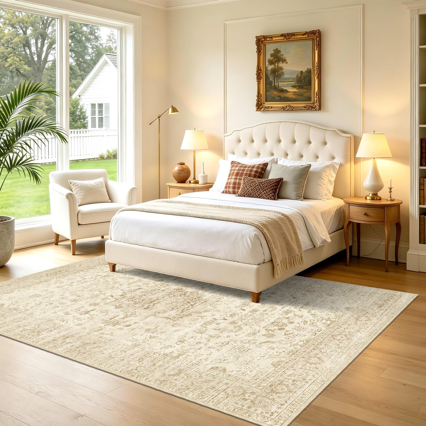 TTelephant Beige Living Room Rug, Neutral Vintage Boho Washable Rug 6x9 for Bedroom and Dining Room, Low Pile Large Carpets with Non-Slip Silicone Backing, Non-Shedding