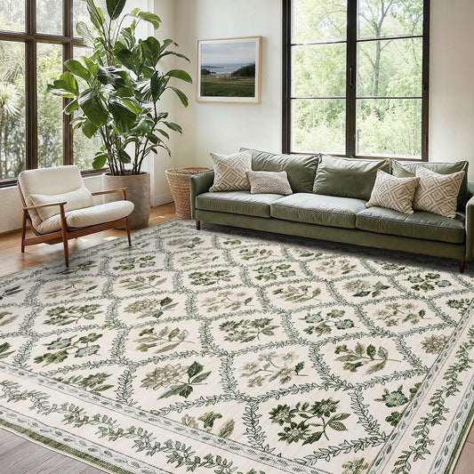 Green Floral Living Room Rug 5x8 Olive Green and Beige Area Rug Washable Bedroom, Low-Pile Soft Dining Room Farmhouse Boho Cottage Aesthetic Vintage Floor Covering Print Playroom Carpet