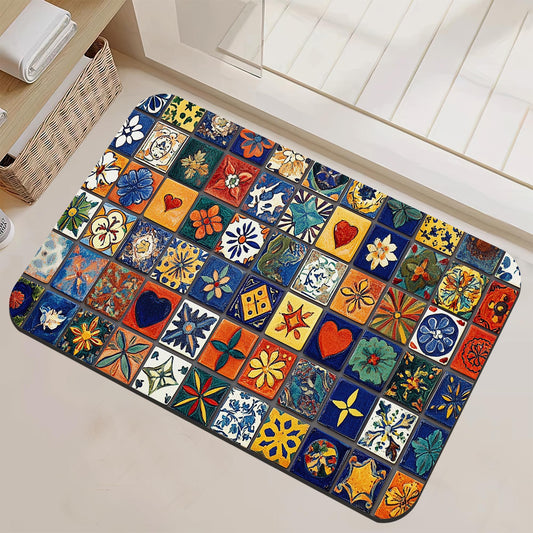 NSMNSM Colorful Vingate Mosaic Bathroom Rugs Mat Non Slip Washable Quick Dry Absorbent Thin Bathroom Rug-Bath Mats for Bathtub, Sink, Shower Room,Christmas Decorations, 17"x 29.5"
