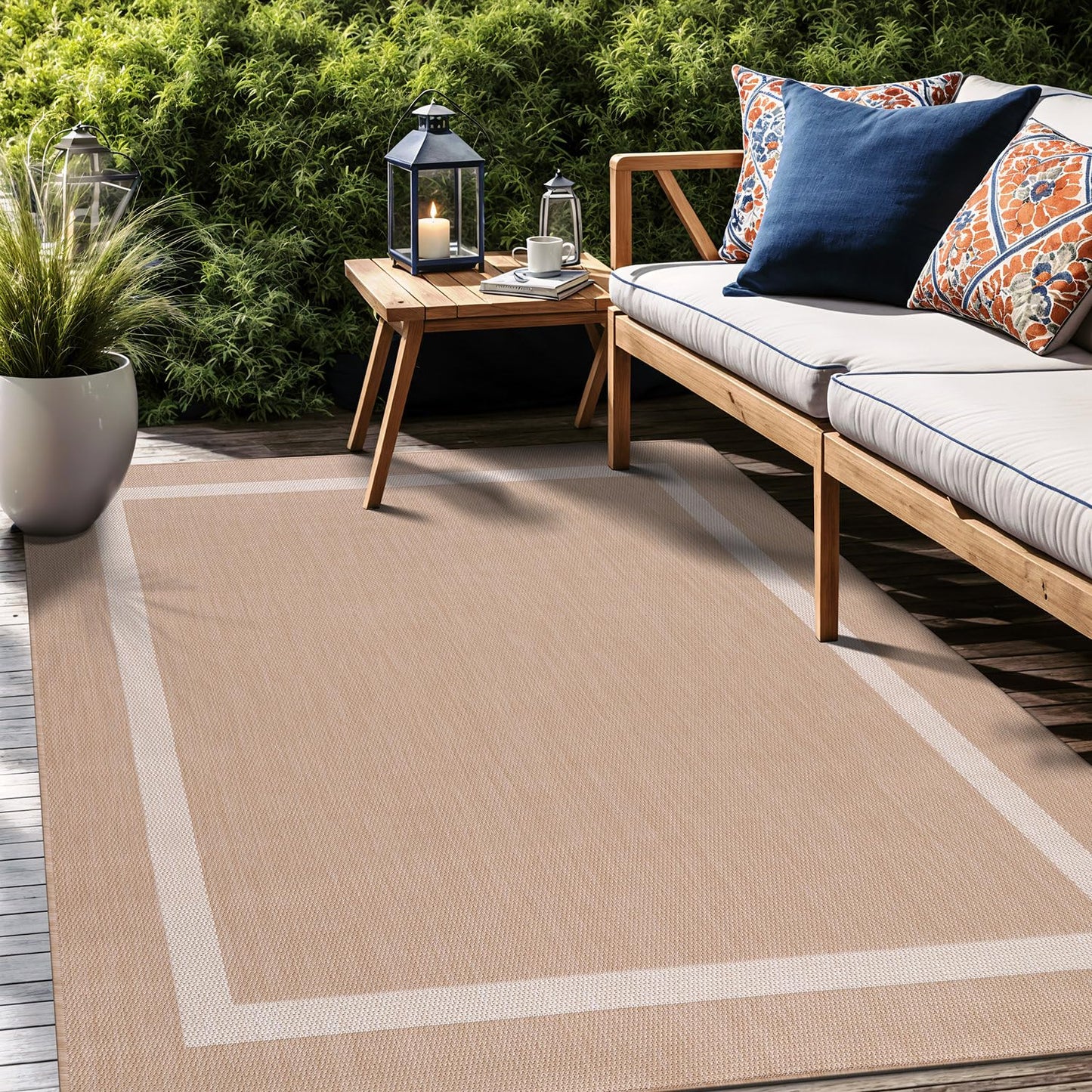 Luul Home Bordered Outdoor Rug 9x12 Washable Outside Carpet for Indoor Patio Porch Waterproof Easy Cleaning Non Shedding Area Rugs Beige 9 x 12