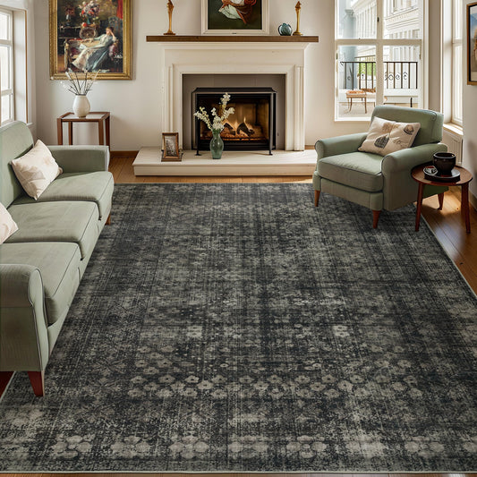 Dotiiorug 8x10 Vintage Washable Area Rug for Living Room,Low Pile Non Slip Carpet Non-Shedding Large Area Rug Soft Indoor Stain Resistant Rug Floral Print Mat for Bedroom Dining Room Black