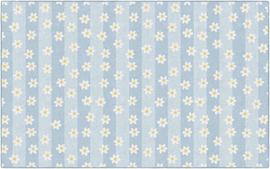Flagship Carpets Pretty in Pastel Daisies On Blue Stripes Educational Area Rug for Kids Room, Children's Classroom Rug for Teaching and Playroom, 7'6" X 12' - Blue Stripes