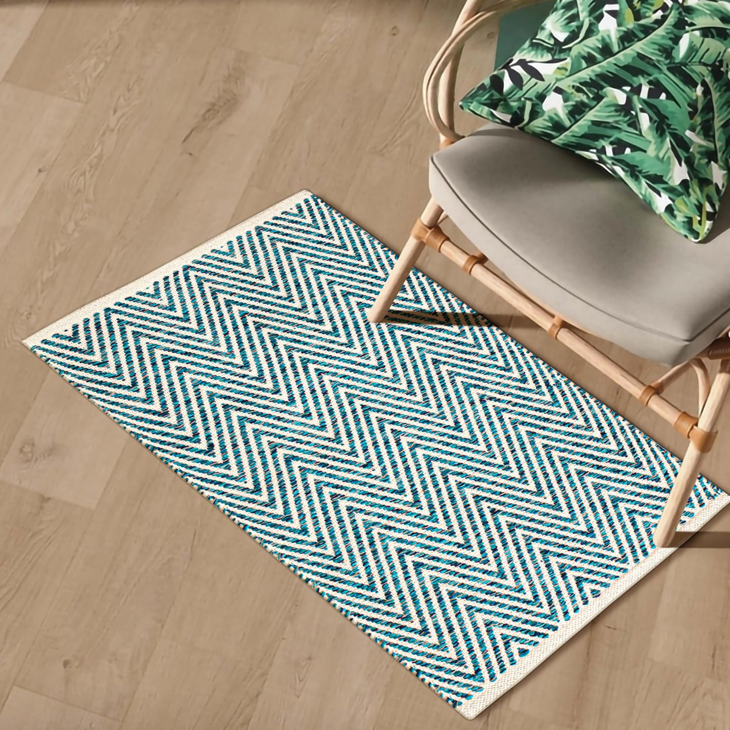 Cotton Chevron Hand Woven Area Rug 2x3 Feet - Teal, Accent Soft Decorative Reversible Floor Throw Carpet Ideal for Entryway, Kitchen, Nursery | Green Small Farmhouse Washable Home Space Décor Mat