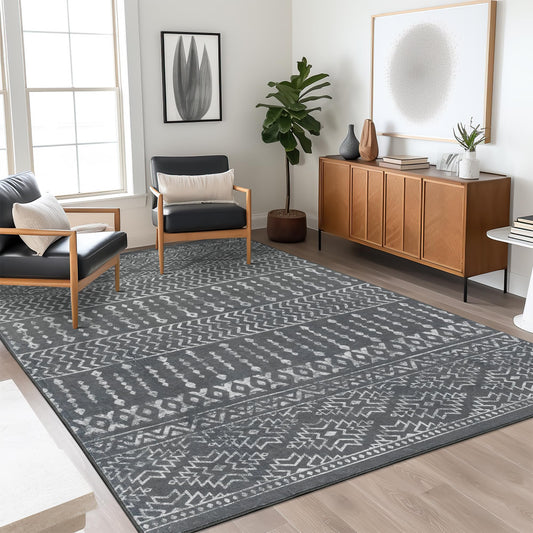 Art&Tuft 3x5 Rug, Super Soft Ultra-Thin Moroccan Washable Rug, Anti-Slip Backing Rugs for Living Room, Foldable Geometric Machine Washable Area Rug(3'x5', Grey)