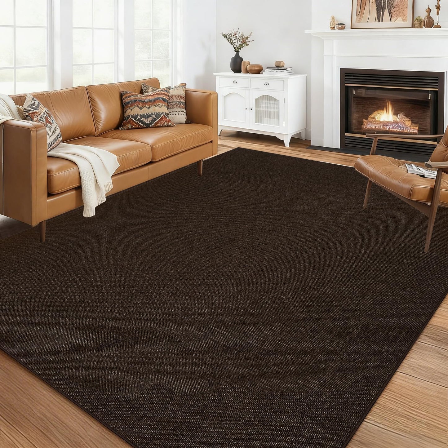 LUXLOOM 8x10 Washable Living Room Rug Modern Solid Neutral Area Rug, Minimalist Non Slip Stain Resistant Rugs for Living Room Bedroom Nursery Office, Large Woven Texture Indoor Carpet, Brown