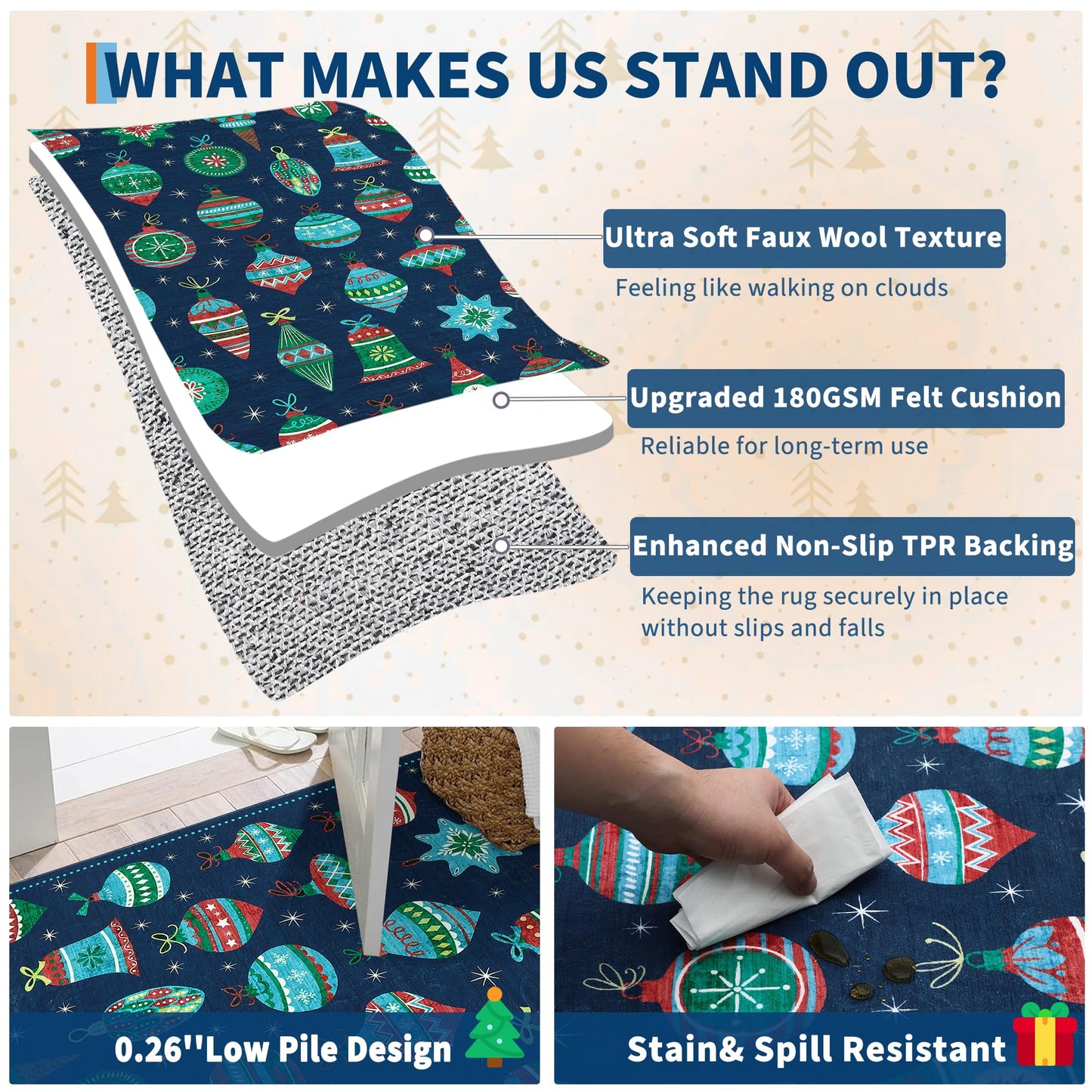 COZYLOOM Washable Christmas Rug 5x7 Holiday Decorative Floor Mats, Non-Slip Non-Shedding Christmas Carpet, Easy Cleaning Low Pile Indoor Rug for Living Room, Bedroom, Nursery, Blue