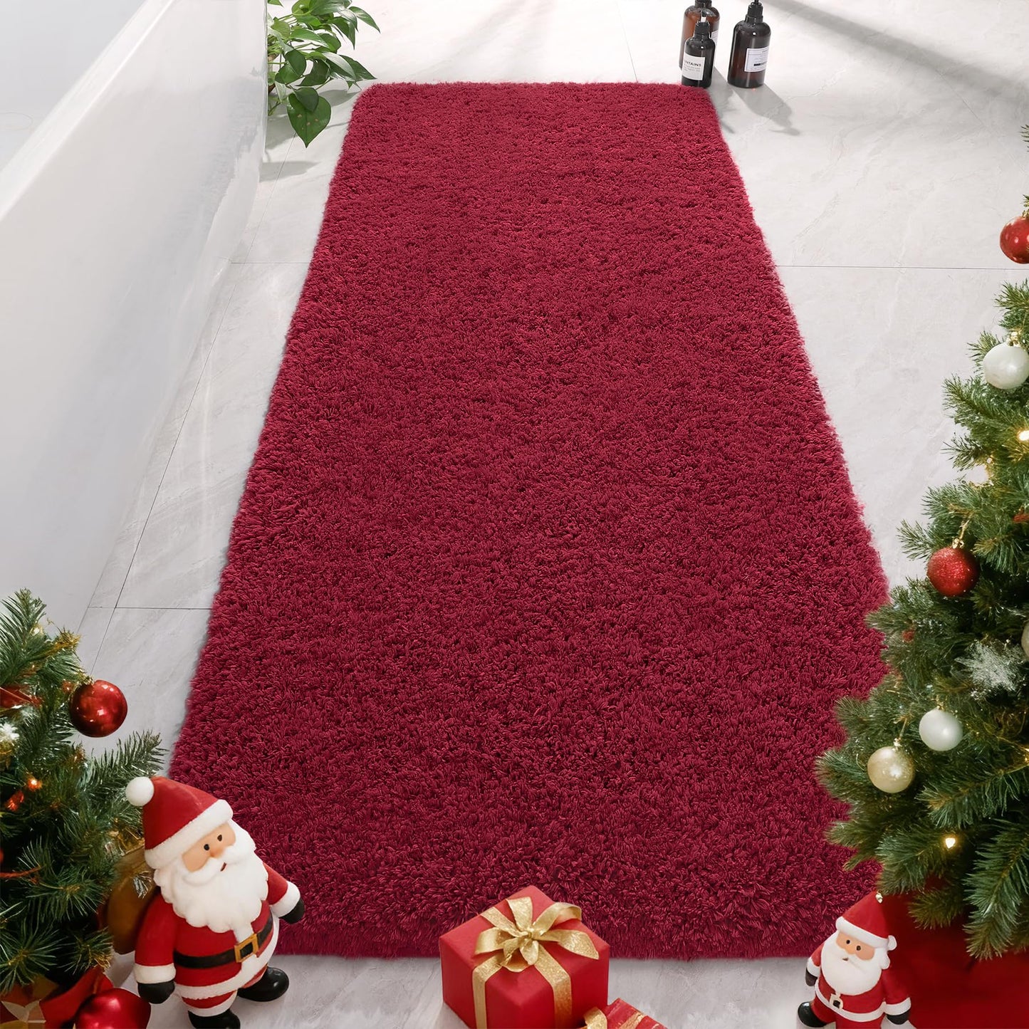 AROGAN Luxury Long Bathroom Runner Rug, 24x60 Inch Thick Soft and Absorbent Microfiber Non Slip Bath Mat, Rubber Backing Christmas Bath Rugs Carpets, Washable Plush Mats for Shower Floor, Red