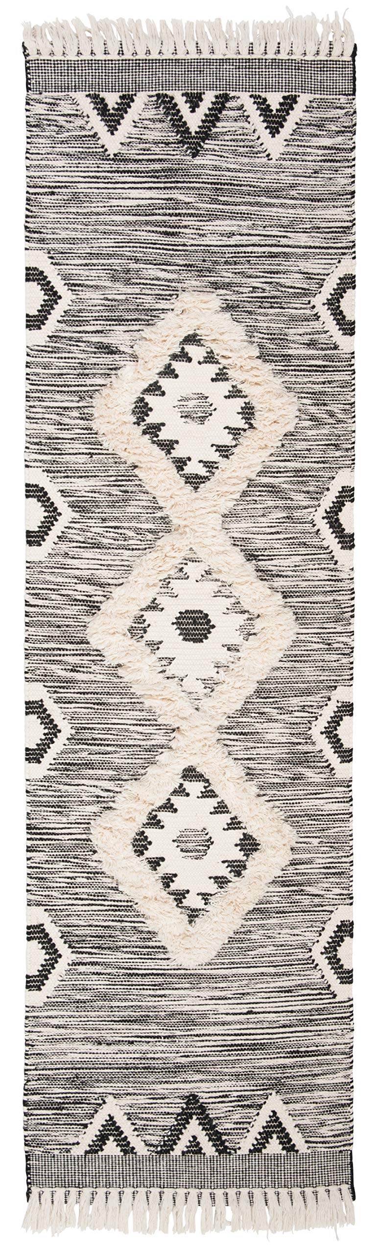 SAFAVIEH Kenya Collection Runner Rug - 2'3" x 8', Black & Ivory, Hand-Knotted Moroccan Tribal Tassel Wool, Ideal for High Traffic Areas in Living Room, Bedroom (KNY906H)