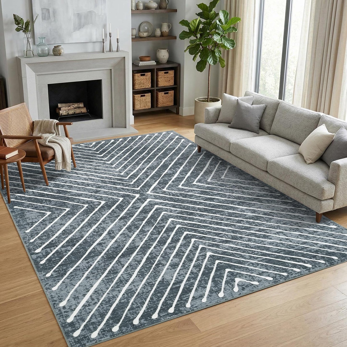 Garvee 8x10 Rugs for Living Room Geometric Rug for Bedroom Washable Rugs Contemporary Stain Resistant Easy Cleaning Non Slip Floor Cover for Dining Room Office Nursery, Dark Grey