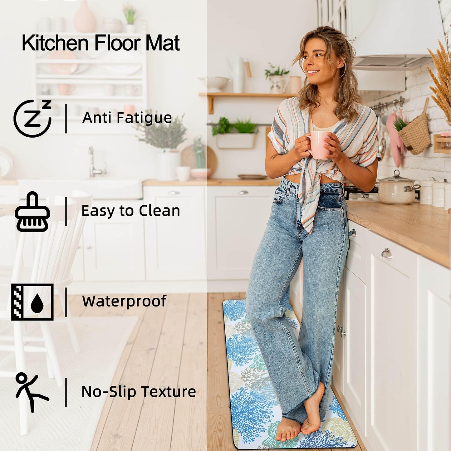 Tritard Coastal Beach Theme Kitchen Mats Rugs Set of 2 Anti Fatigue Kitchen Mats for Floor Memory Foam Cushioned Waterproof Non Slip Comfort Standing Mat for Sink Laundry, Blue, 17.3"x 28"+17.3"x 47"