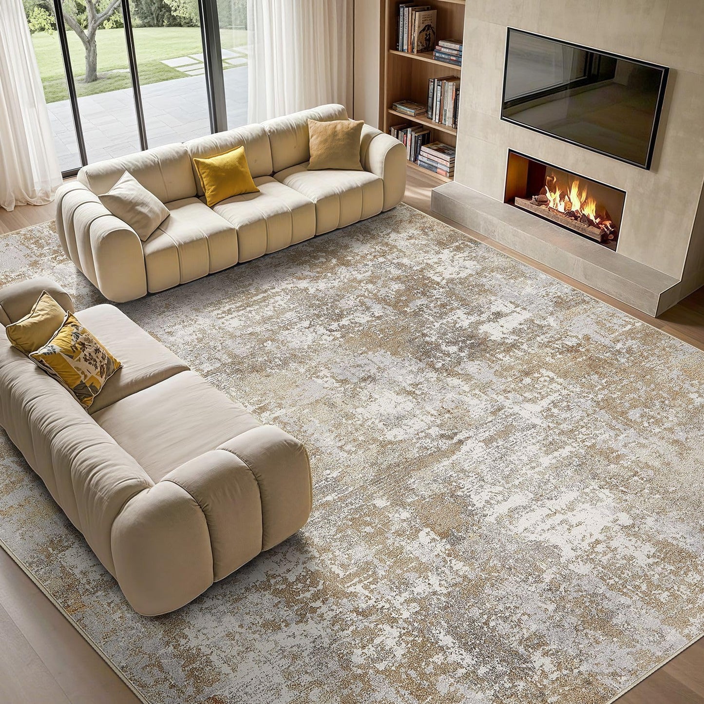 Tortania Washable 9x12 Area Rug for Living Room: Modern Abstract Neutral Large Soft Thin Rugs - Non Slip Indoor Carpet for Bedroom Dining Room Office Nursery Home Floor Decoration - Brown Grey