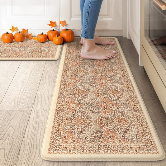 Collive Kitchen Mats Cushioned Anti Fatigue, Fall Vintage Floral Kitchen Rug for Floor Non Slip Washable, Waterproof Sink Mat Comfort Standing Rugs for Bathroom, Office, Fall Decor, 17"x29"+17"x47"