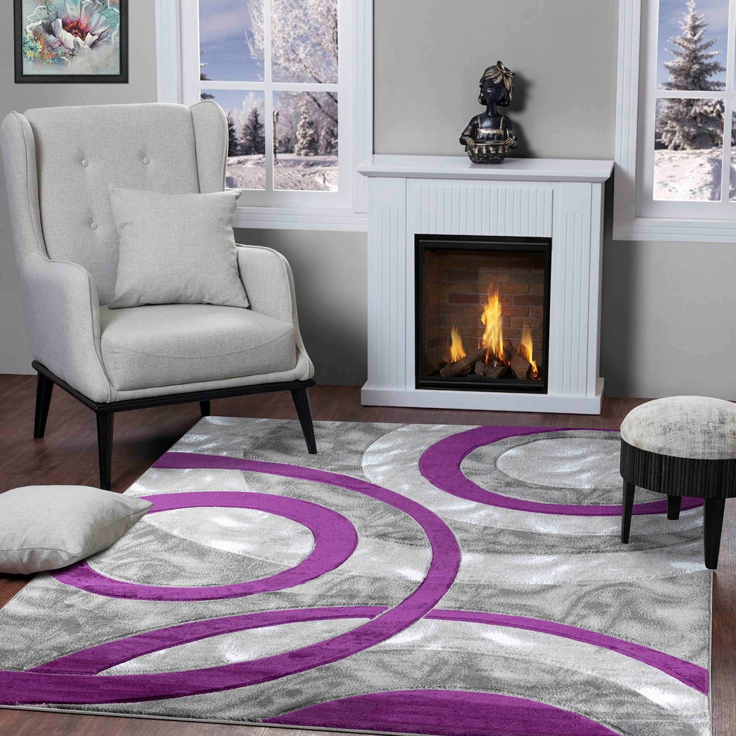 GLORY RUGS Area Rug Modern 4x6 Purple Circles Geometry Soft Hand Carved Contemporary Floor Carpet Fluffy Texture for Indoor Living Dining Room and Bedroom Area
