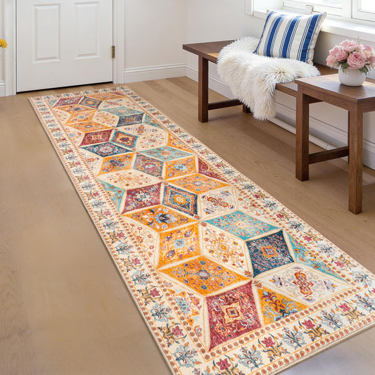 QDUIDU Moroccan 2.7x10 Runner Rug, Vintage Distressed Boho Floral Geometric Patchwork Washable Non Slip Throw Floor Long Carpet Runner for Hallway Entryway Kitchen Bathroom Bedroom Livingroom, Cream