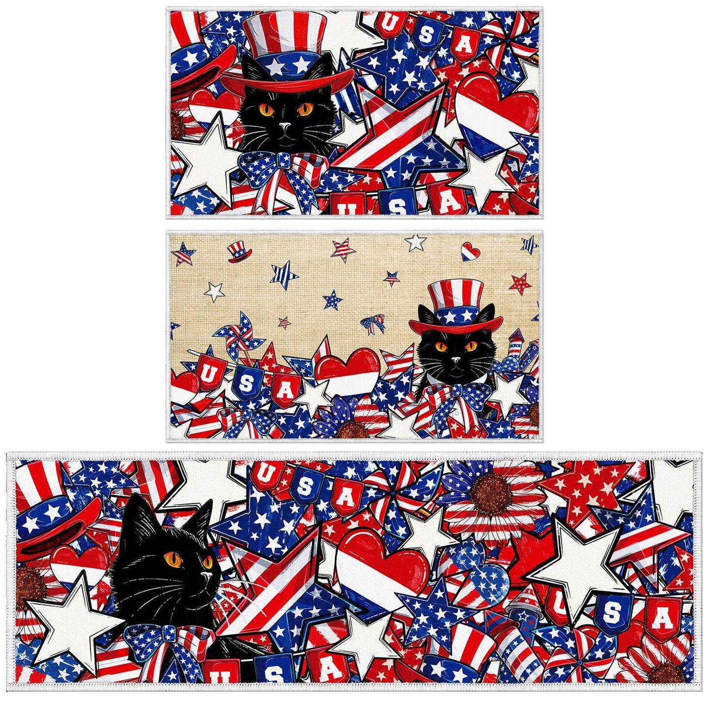 Yoyuspy Kitchen Mats for Floor Decor, 4th of July Black Cat Kitchen Rug Non Slip Washable Sets of 3, Patriotic Floor Mat for Home Sink and Laundry 16x28+16x47 Inch