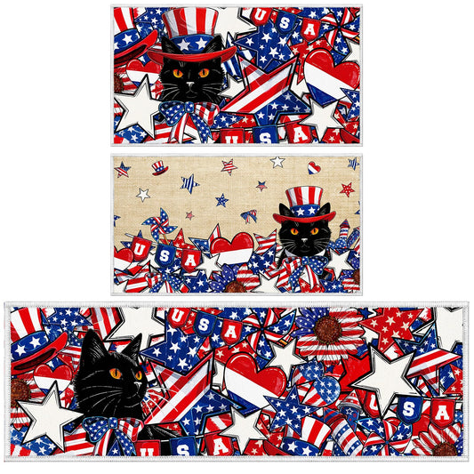 Yoyuspy Kitchen Mats for Floor Decor, 4th of July Black Cat Kitchen Rug Non Slip Washable Sets of 3, Patriotic Floor Mat for Home Sink and Laundry 16x28+16x47 Inch