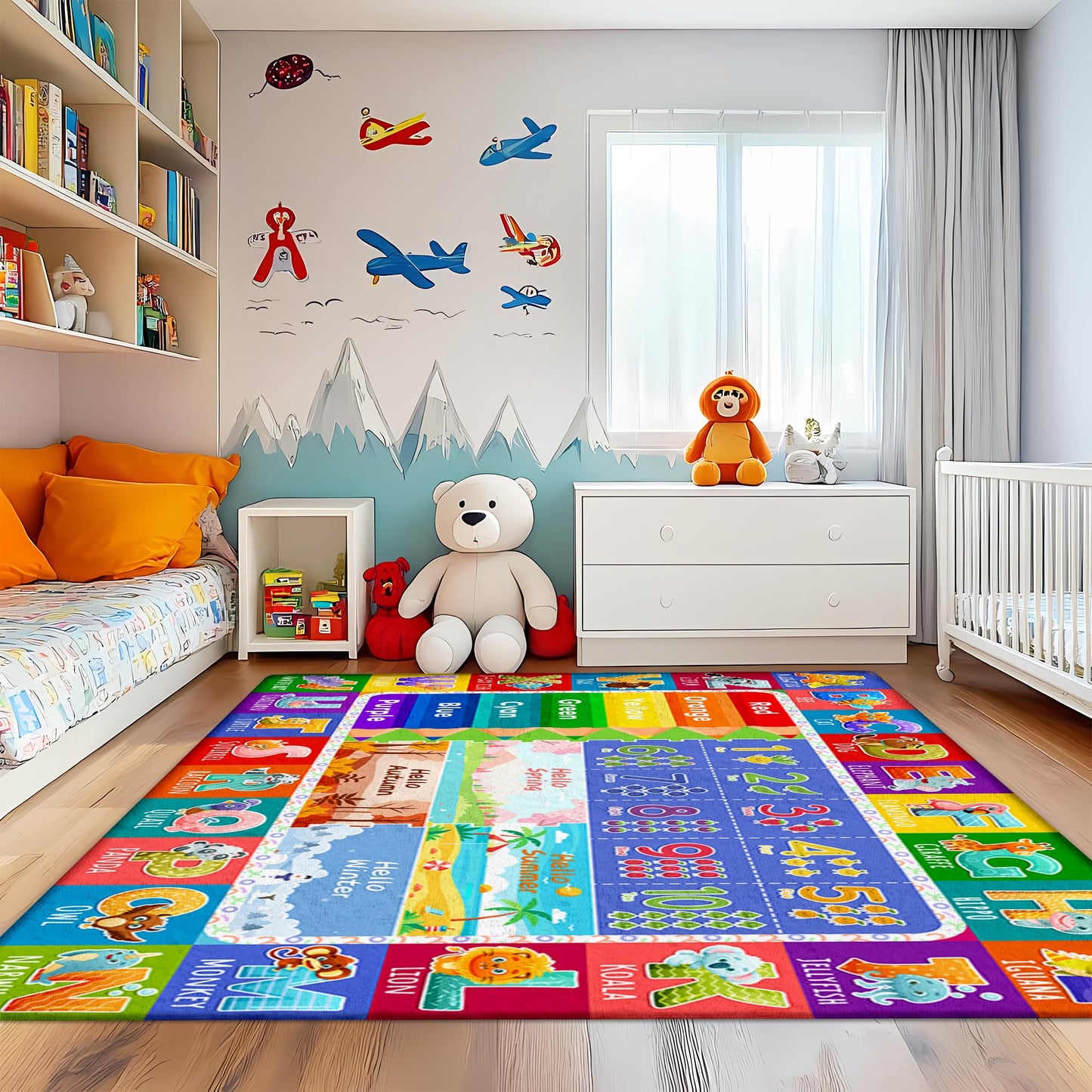 Kids Classroom & Playroom Rug - ABC Alphabet Educational Area Rug with Animals Colors & Numbers - Washable Non-Slip Carpet Playmat for Nursery Preschool & Reading Area 4x6 Feet