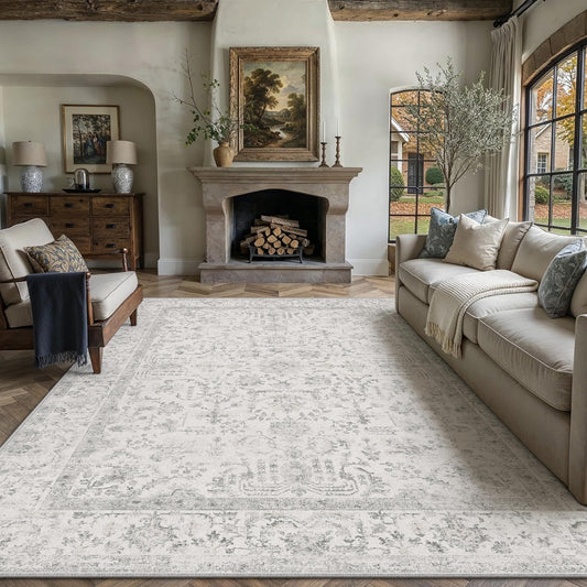 WondRg 8x10 Grey Neutral Area Rug for Living Room Bedroom Machine Washable Low Pile Carpet Vintage Accent Soft Non Slip Rug for Dining Room Decor Nursery Indoor