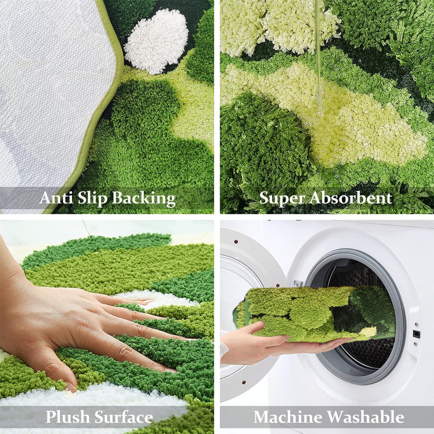 Hifuwan Cute Green Moss Bathroom Runner Rug Long Rectangular Boho Aesthetic Leaf Leaves Bath Mat Shaggy Non Slip Absorbent Shower Mat Decor