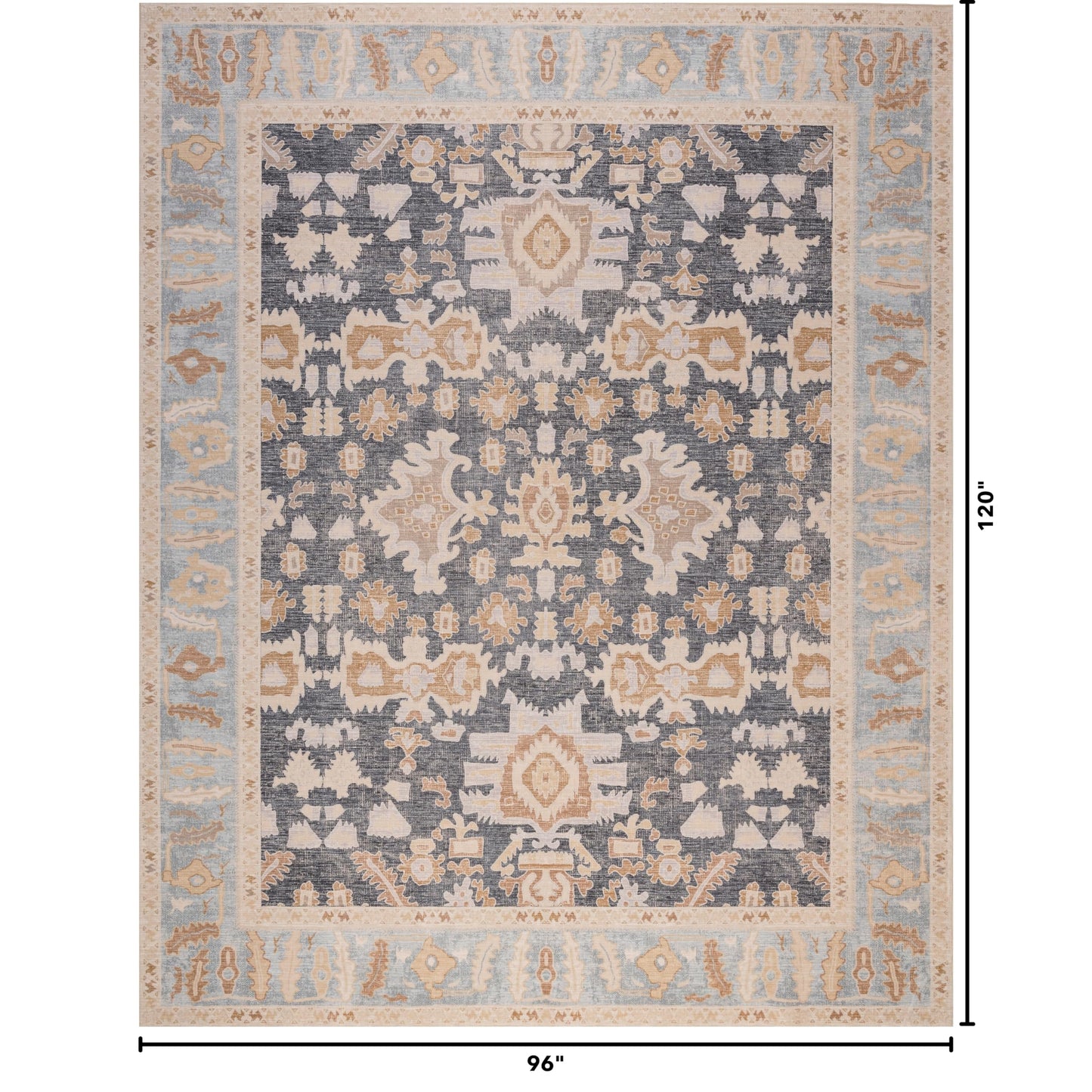Kuden 8x10 Large Area Rug, Machine Washable Area Rug with Non-Slip Backing, Vintage Style, Soft, Easy Clean, Low Pile Rug for Living Room, Bedroom, Dining Room