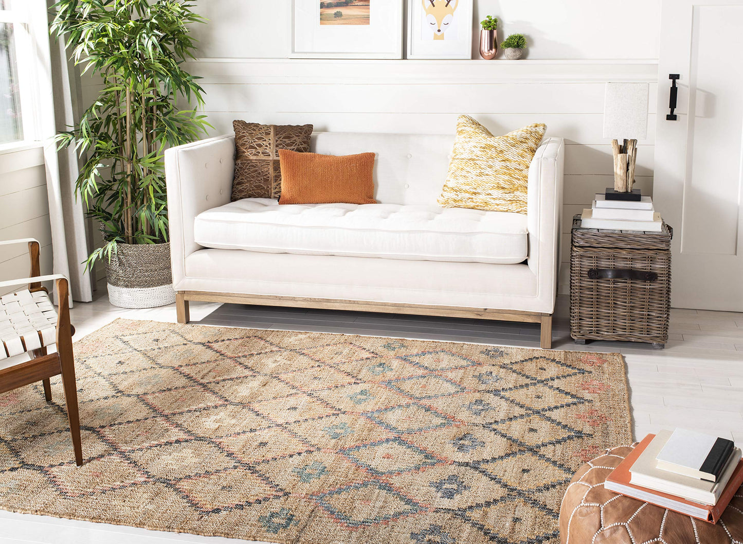 SAFAVIEH Kilim Collection Area Rug - 5' x 8', Natural & Blue, Handmade Moroccan Boho Jute & Cotton, Ideal for High Traffic Areas in Living Room, Bedroom (KLM753A)
