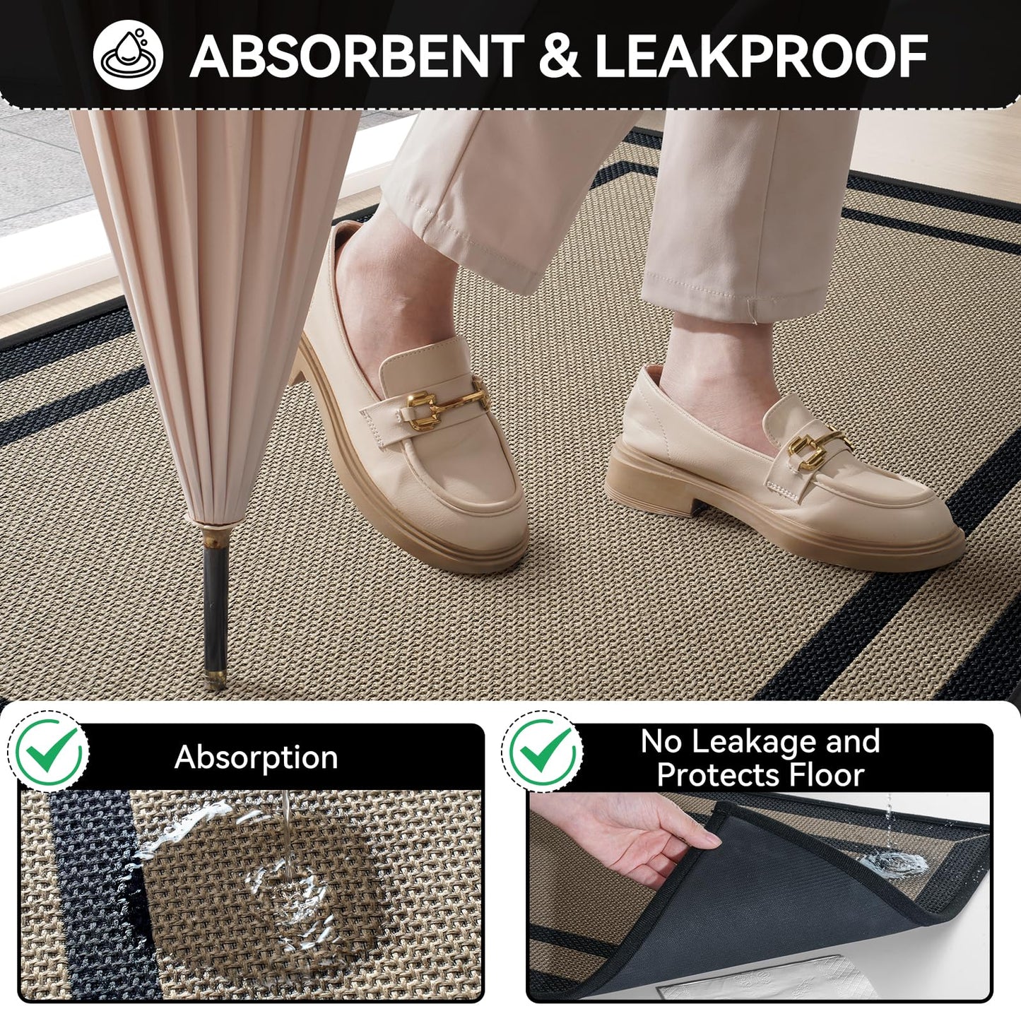 Quqei Indoor Door Mat 17"x30", Non Slip Backing Doormat Washable Entryway Rugs, Dirt Resistant and Absorbent Welcome Mat, Easy Clean, Low Profile Inside Floor Mat for Front Back Door and Entry, Brown