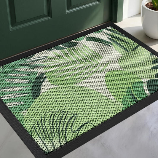 WELDUN Front Door Mat, Heavy Duty Non-Slip Rubber Dirt Trapper, Quick-Dry Low-Profile Washable Easy Clean, Welcome Mat for Indoor Outdoor Entryway Porch Patio Garage Mudroom 35.5"x24", Green Leaves
