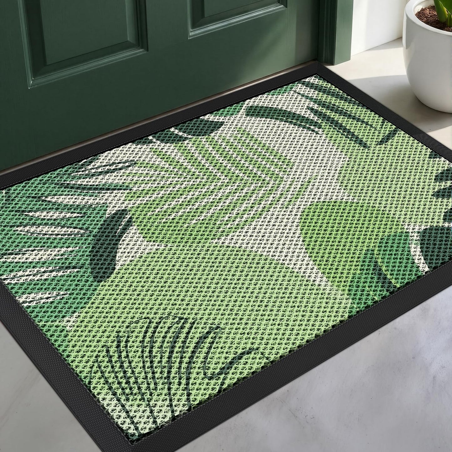 WELDUN Front Door Mat, Heavy Duty Non-Slip Rubber Dirt Trapper, Quick-Dry Low-Profile Washable Easy Clean, Welcome Mat for Indoor Outdoor Entryway Porch Patio Garage Mudroom 30"x17", Green Leaves