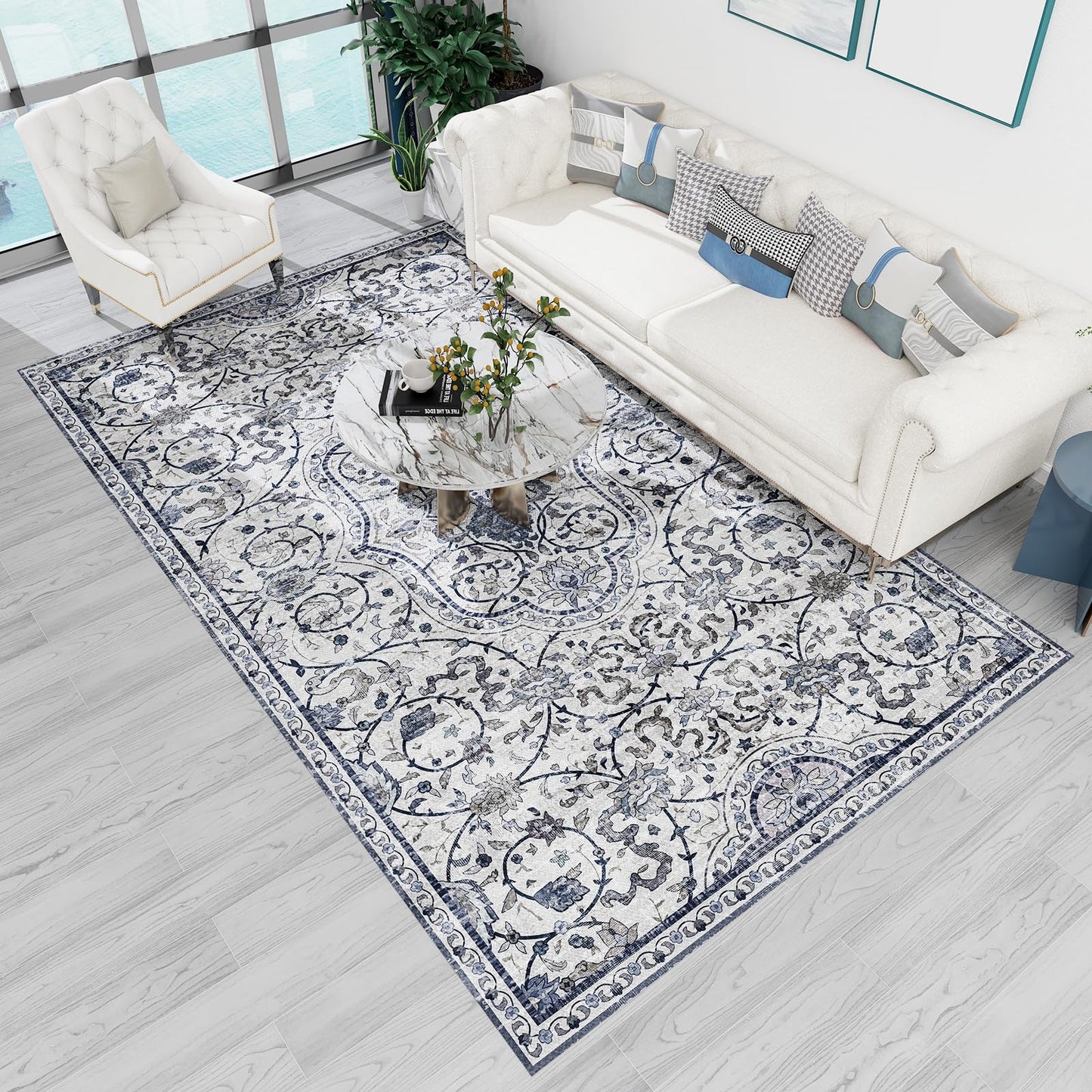 SALLOUS Floor Mat for Home, 5' x 7' Waterproof Area Rug for Living Room, Vinyl Area Rug for Bedroom, Slip Resistant Hard Floor Protector Mat for Kitchen, Bathroom, Entryway (Grayish Blue Bohemian)