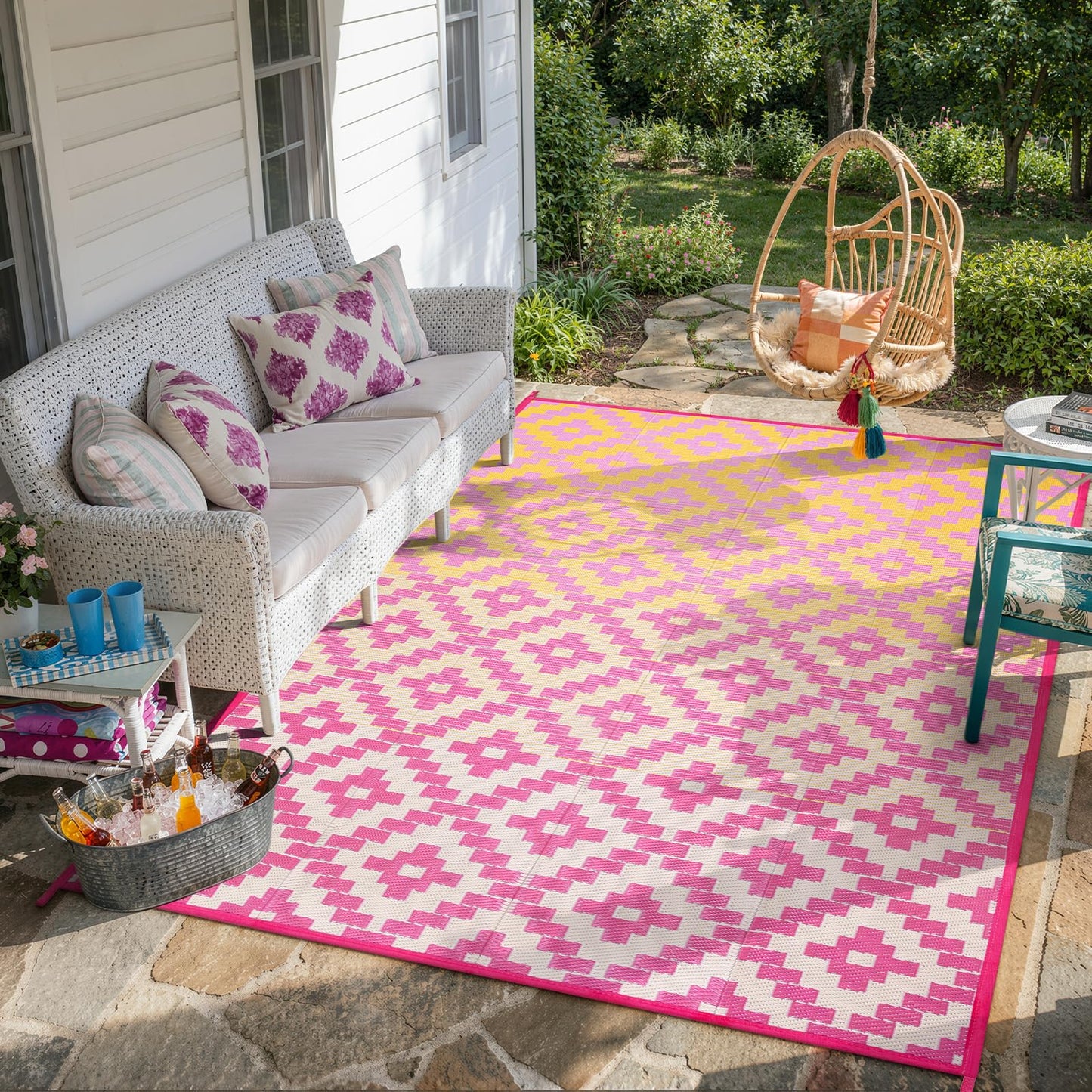 Wonnitar Outdoor Rugs 8x10 Waterproof Plastic Straw Rug, Large Outdoor Camping Rug for RV, Reversible Portable Outside Lightweight Area Rug for Backyard Balcony Beach Picnic, Orange/Pink