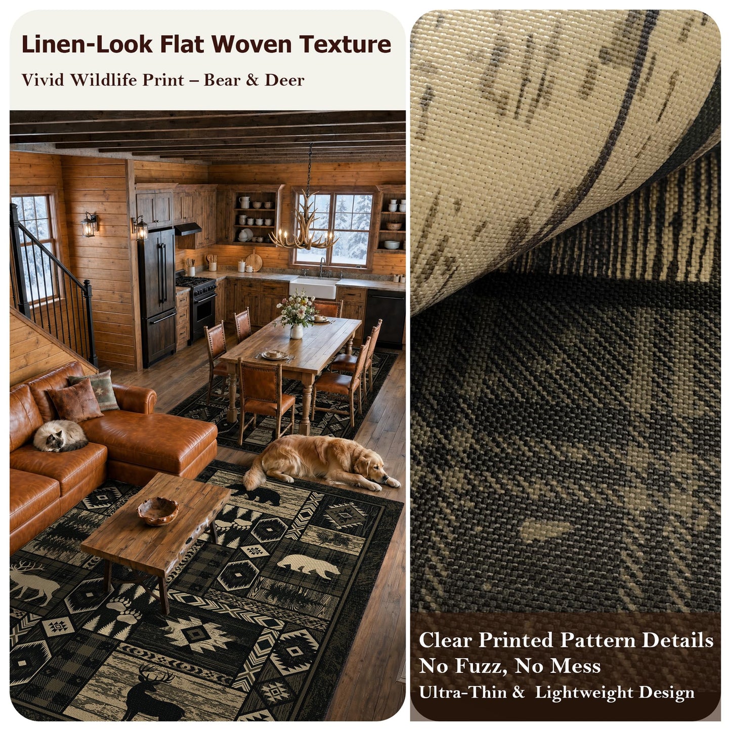 Rustic Cabin Living Room Rug 5x7, Washable Upgrade Non-Slip Animal Bear Deer Wildlife Print Pattern Area Rugs Low Pile Ultra-Thin Lodge Hunting Carpet for Bedroom, Dining Room, Office, Walnut Brown